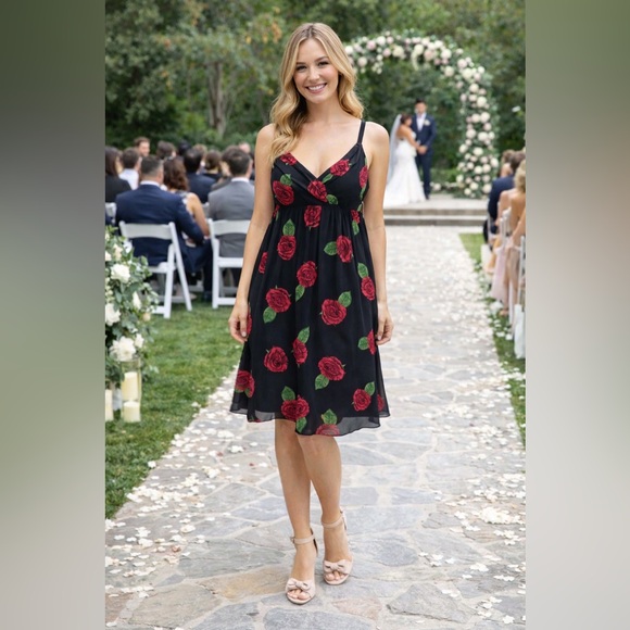 Betsey Johnson Dresses & Skirts - 90s Betsey Johnson Silk Dress, Spaghetti Strap Midi Black with Pink Roses